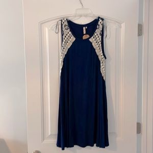 Red Camel Navy Dress with Crochet Detail, Large